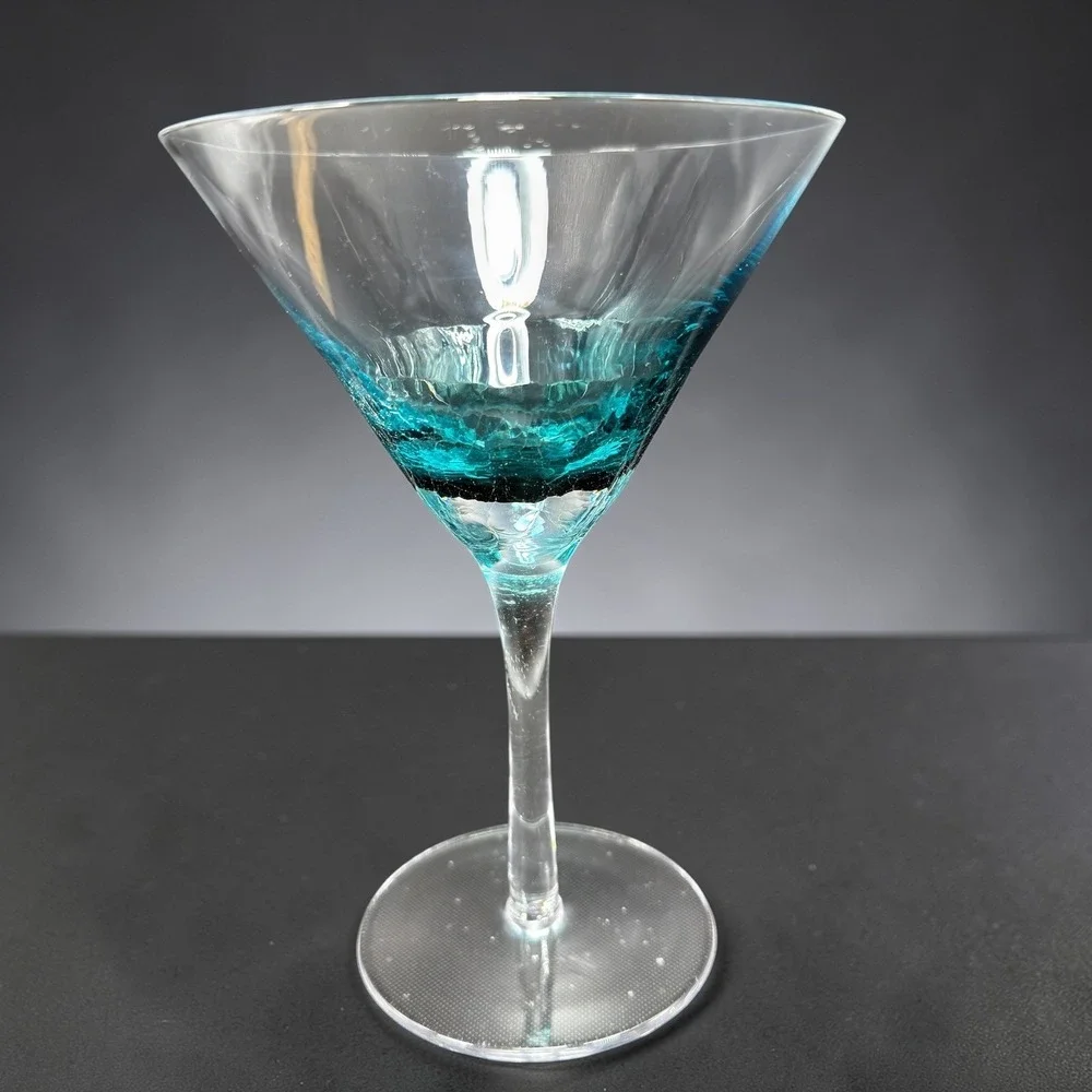Pier 1 Teal Blue‎ Crackle Glass Martini Glasses Cocktail Stemware Cups Set of 2
